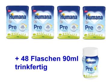 Humana Pre Anfangsmilch Bundle 4x750g + 48x90ml trinkfertige Flaschen