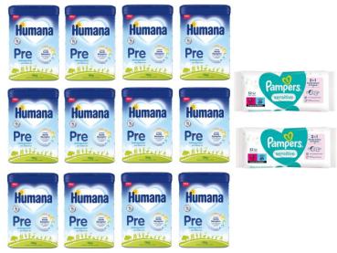 Humana Pre Anfangsmilch Bundle 12x750g + Gratis 2xPampers Feuchttücher 52 Stück