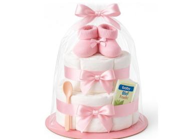 Windeltorte in Rosa mit Babysocken für Mädchen 2 stöckig